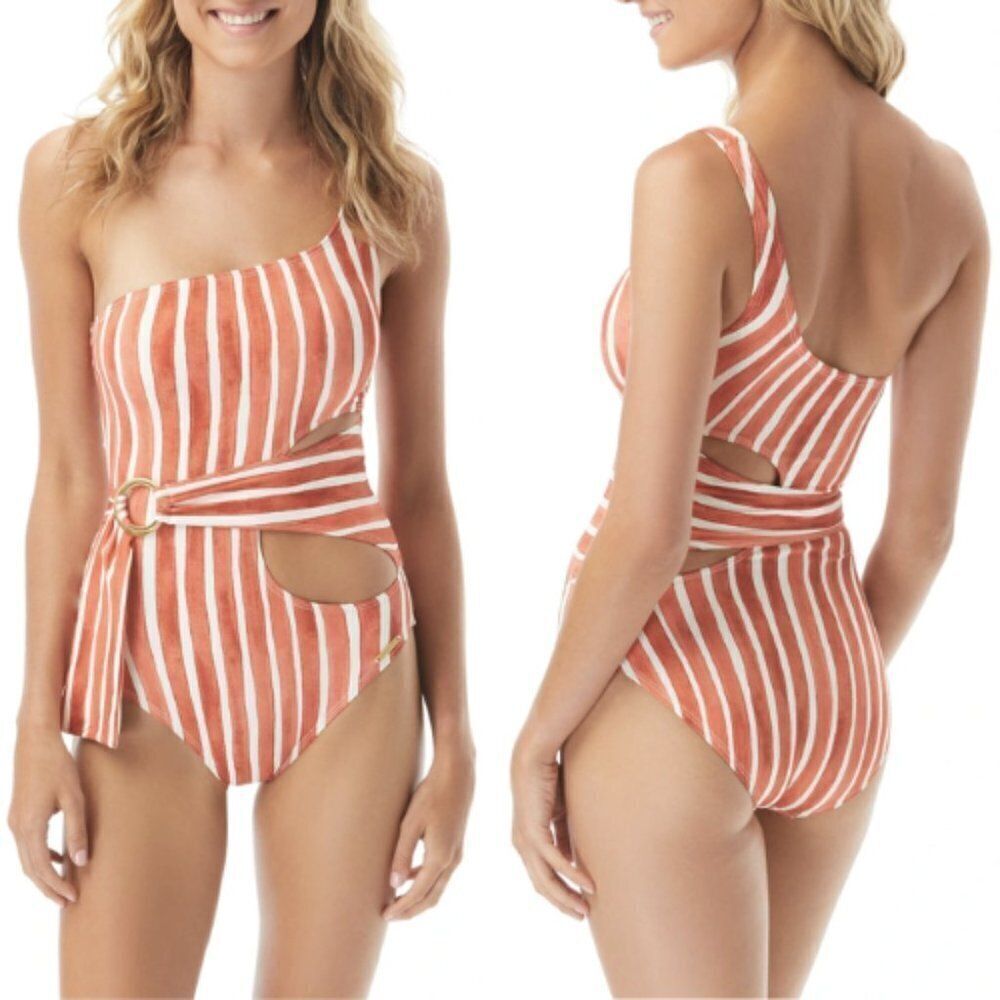 Vince Camuto Hammock Striped One Shoulder One Piece Swimsuit NWT